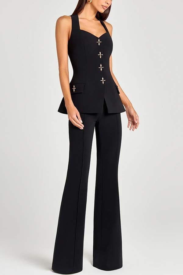 Women Power Metal Cross Snap Button Sweetheart Neck Wide Strap Vest