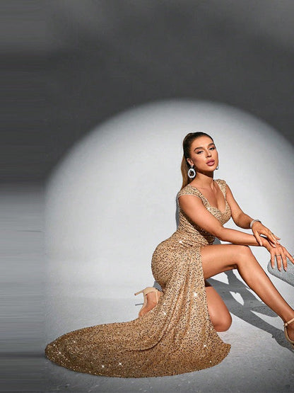 Sequins Diamond Collar Slit Party Evening Maxi Dress