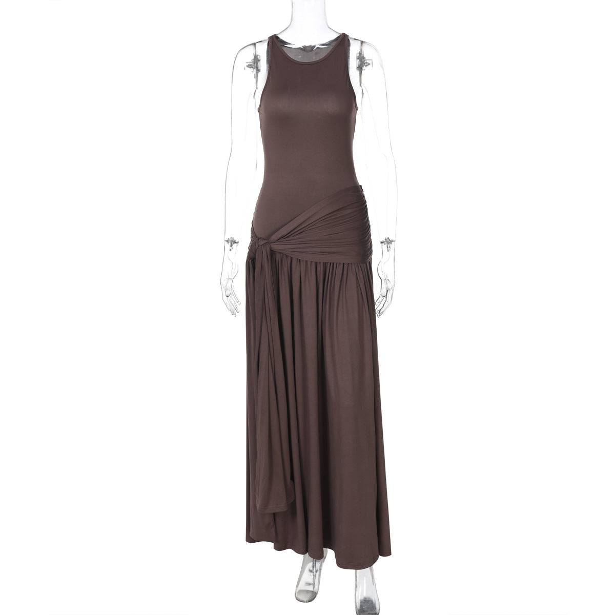 Sleeveless Round Neck Asymmetric Draped Sash Pleated Knit Maxi Dress