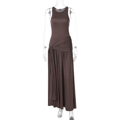 Sleeveless Round Neck Asymmetric Draped Sash Pleated Knit Maxi Dress