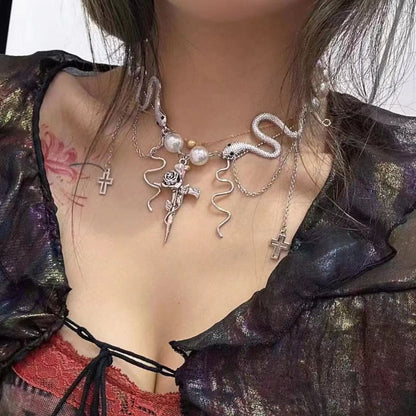 Rose cross snake faux pearl choker necklace