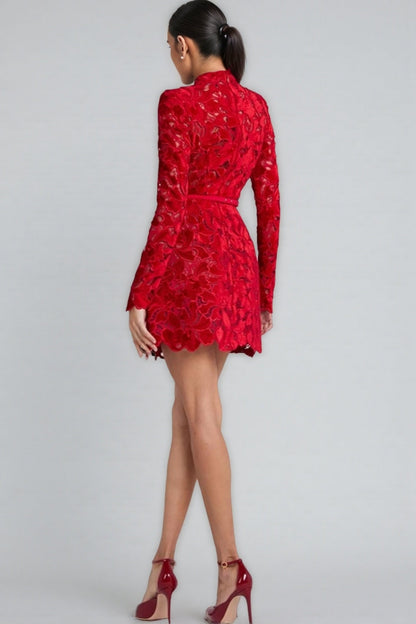 Beni Long Sleeve Lace Mini Dress-Red