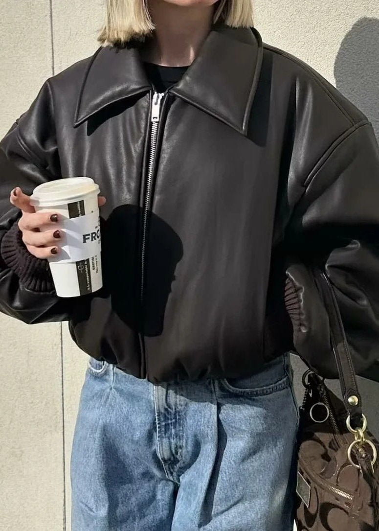 Luna - Cropped Faux Leather Bomber Jacket