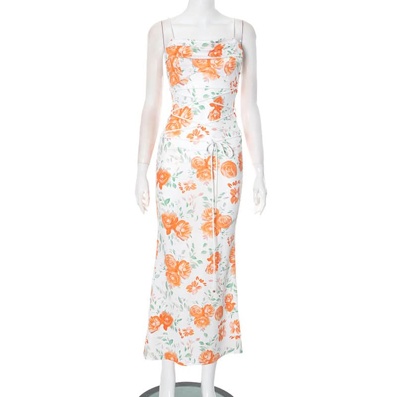 Self tie flower print backless spaghetti strap maxi dress