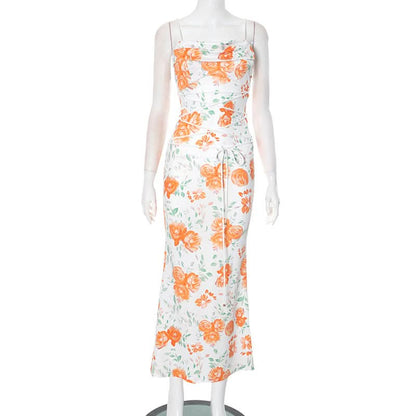 Self tie flower print backless spaghetti strap maxi dress