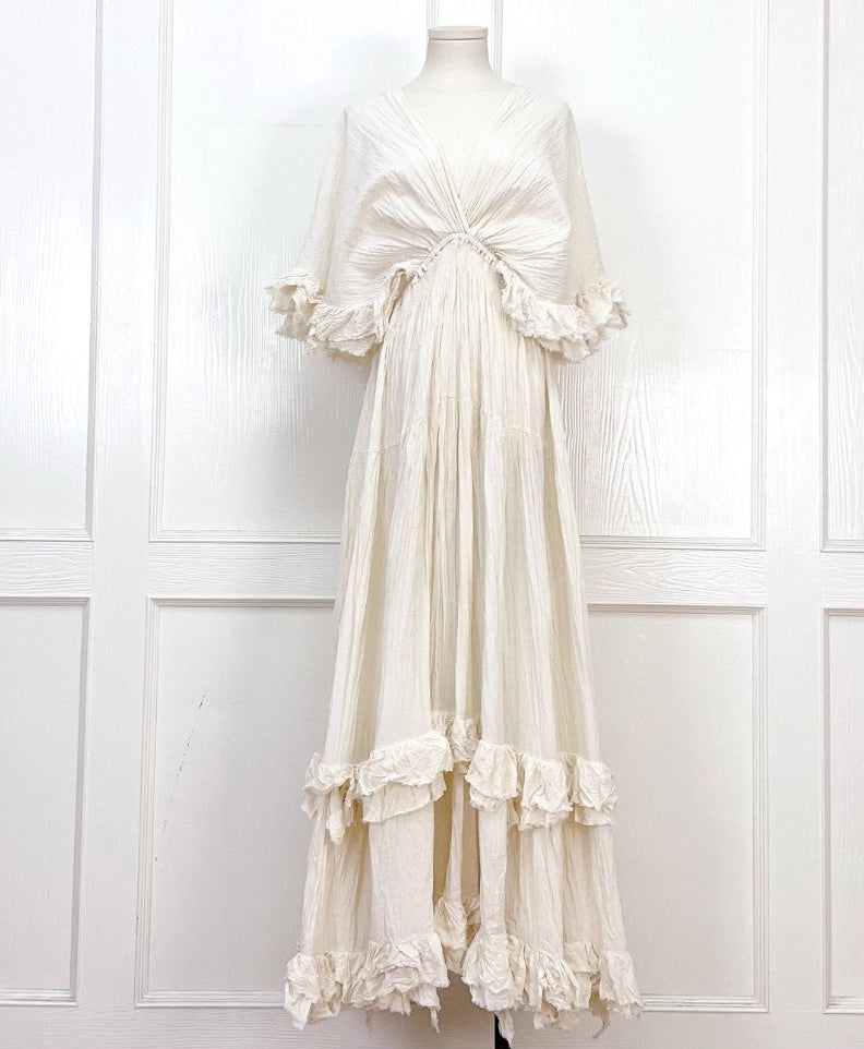 Tailande Linen Maxi Dress V-Neck Ruffle Goddess Gown with 10-Meter Full Hem