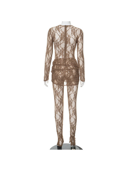 Crew Neck Patchwork Lace See Dress