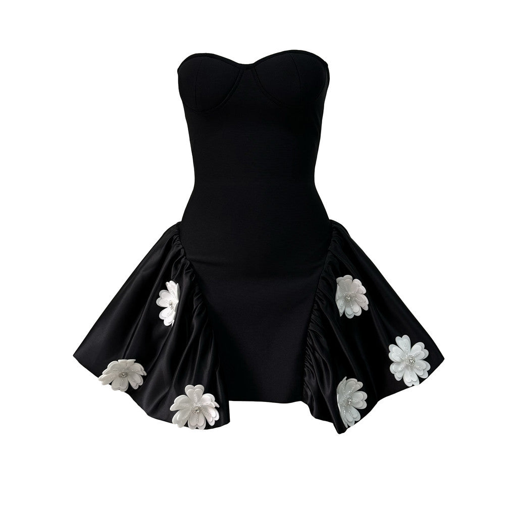 Strapless Corset Bodice 3D Floral Bubble Hem Mini Dress
