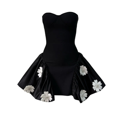 Strapless Corset Bodice 3D Floral Bubble Hem Mini Dress