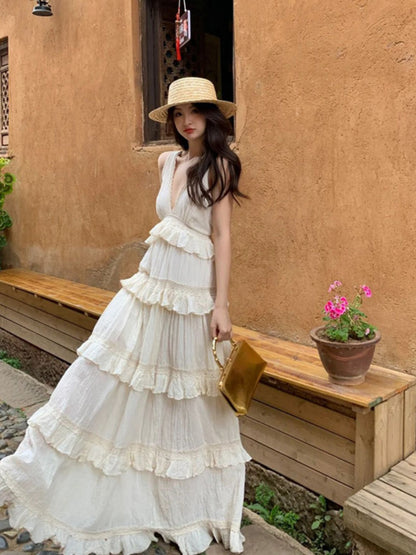 French Soft Ruffle Tiered Maxi Dress Elegant Cotton Linen Vacation Gown for Summer gunne sax vintage dress