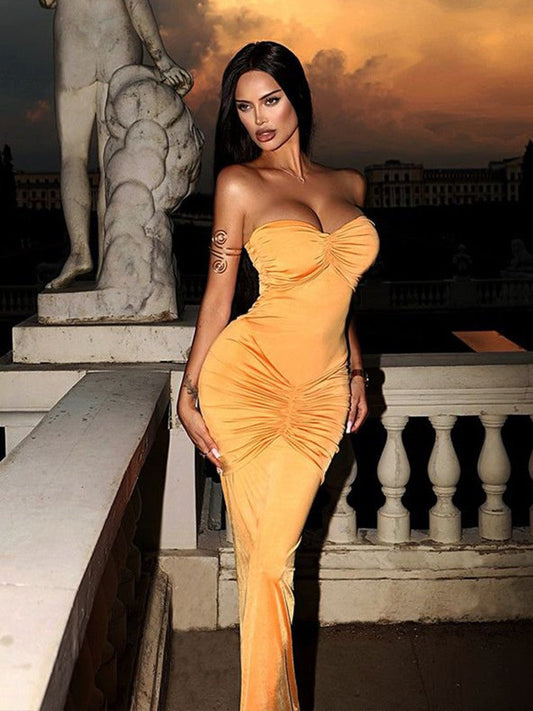 Sheath Tube Top Pleated Evening Dress