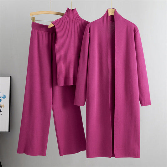Rose Red Elegant Knit Vest Three Piece Set