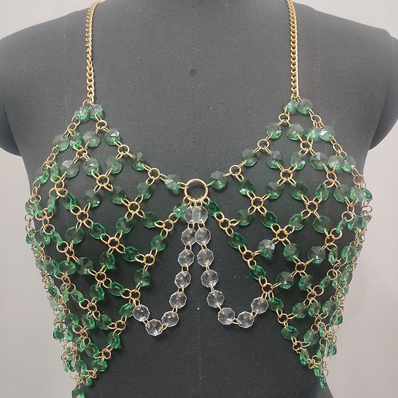 Beaded metal chain u neck backless layered cami top