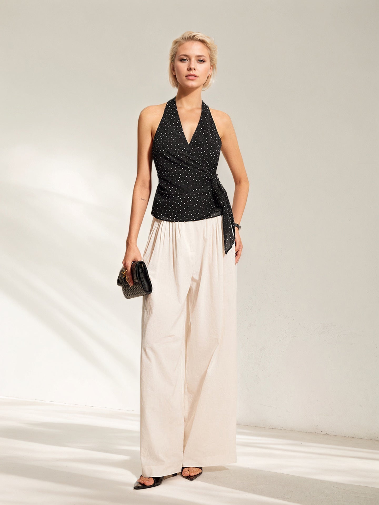Polka Dot Sleeveless Halter Neck Tie Waist Tank Top
