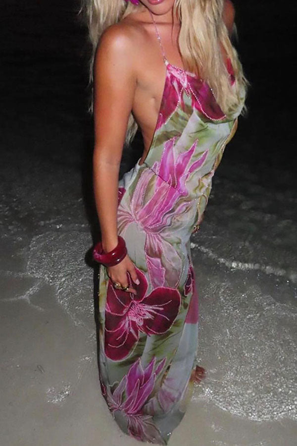 Floral Print Sexy Backless Slit See-Through Holiday Maxi Dress