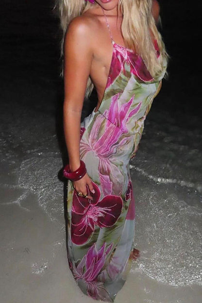 Floral Print Sexy Backless Slit See-Through Holiday Maxi Dress