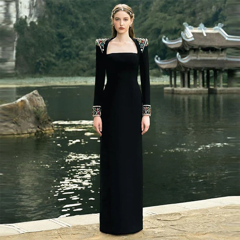Gem Embellished Square Neck Long Sleeve Floor-Length Maxi Gown