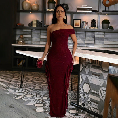 One-Shoulder Glitter Ruffle High-Low Hem Back Slit Maxi Dress