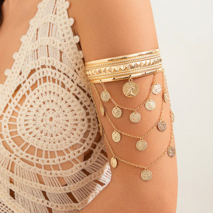 Metal Leaf Coin Tassel Open Bracelet