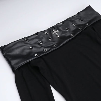 Off shoulder long sleeve PU leather slit ruffle maxi dress