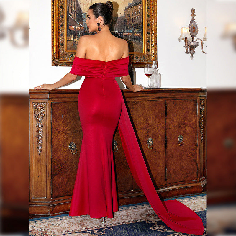 Off Shoulder Draped Foldover Neck Side Slit Mermaid Maxi Gown