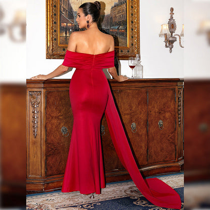 Off Shoulder Draped Foldover Neck Side Slit Mermaid Maxi Gown