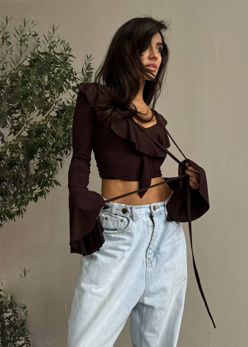 Amaya - Ruffled Tie-Front Long Sleeve Top