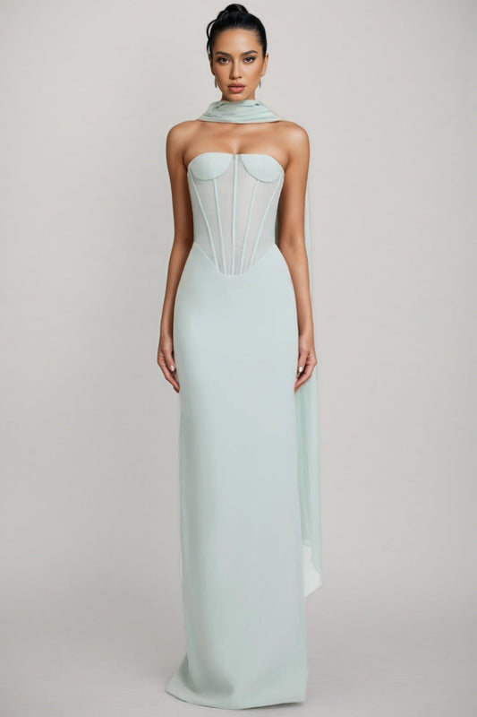 Gened Green Ribbon Sheer Chiffon Maxi Dress