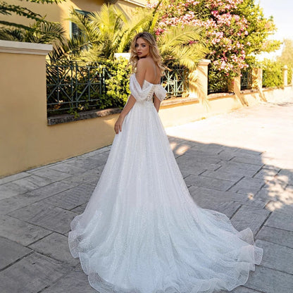 Off-Shoulder Deep V Sparkle Wedding Dress