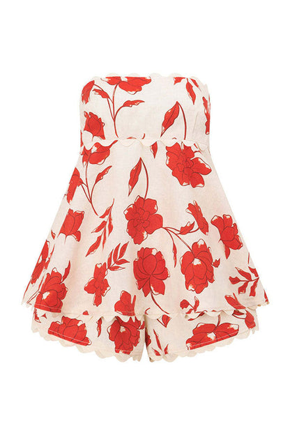 Rosella Linen Blend Floral Wave Trim Tube Top and Elastic Waist Loose Shorts Set