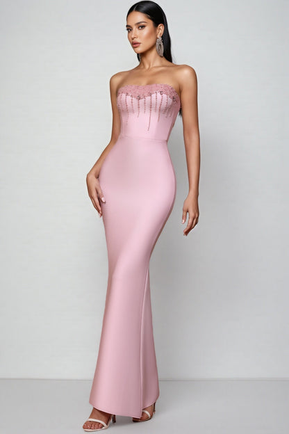 Mavik Pink Strapless Sparkling Maxi Dress