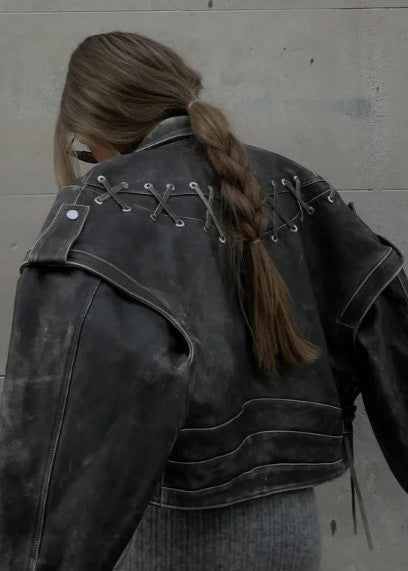Rebel Edge - Distressed Lace-Up Biker Jacket