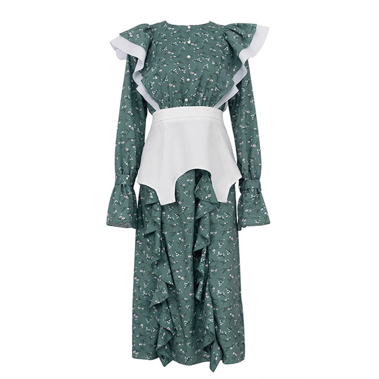 French Design Long Sleeve Dress Detachable Waist Seal Casual Floral Dress