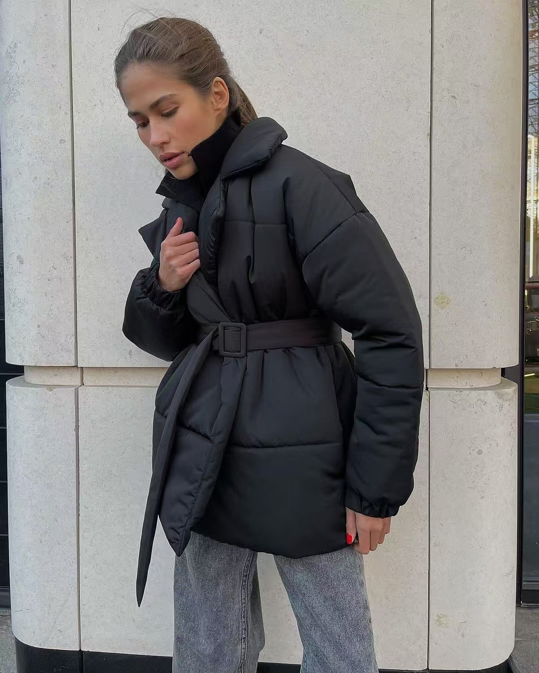 Tie Waist Cotton V-Neck Puffer Jacket