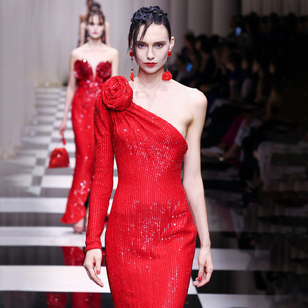 Christmas Red Three-Dimensional One Shoulder Floral Sequin Formal Dress Stretch Dress Winter