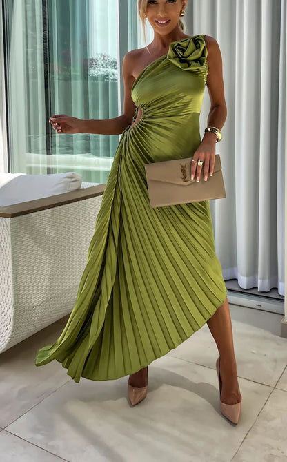 Romantic Nights Satin Raised Flower Elastic Cutout One Shoulder Pleated Maxi Dress