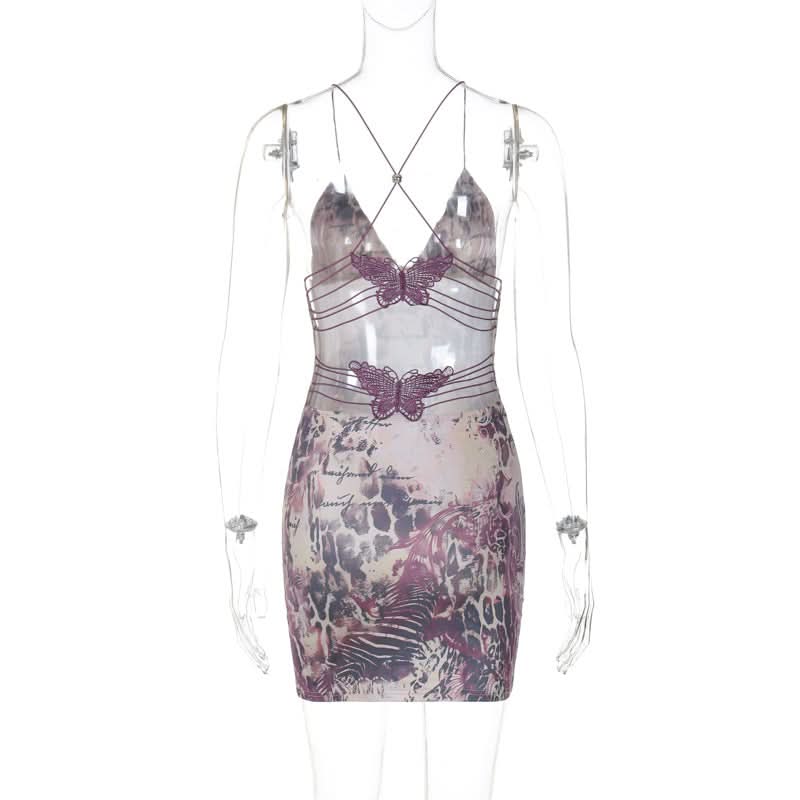 Cross back v neck spaghetti strap print mini dress