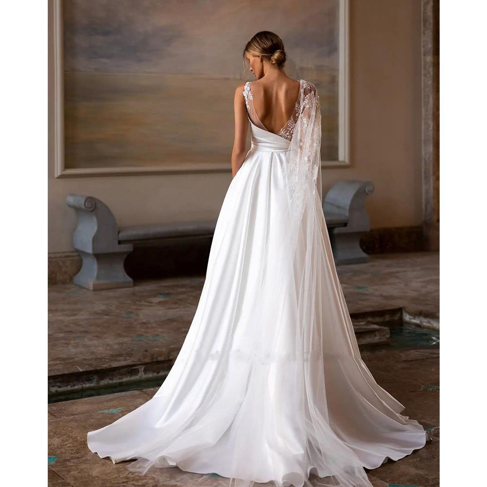 Deep V-Neck Long Train Wedding Dress