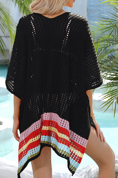 Color Block V Neck Slit Hollow Short Sleeved Knitted Cover Up