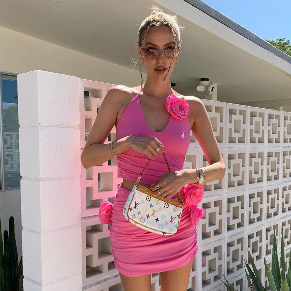 3D Floral Applique Halter Ruched Mini Skirt Two-Piece Set