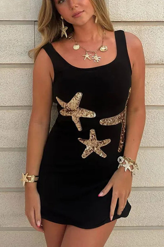 Beachside Dreams Starfish Sequin Wave Hem Stretch Tank Mini Dress