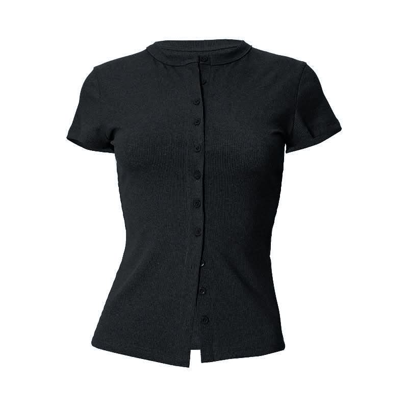 Short sleeve crewneck ribbed button top