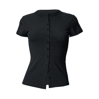 Short sleeve crewneck ribbed button top