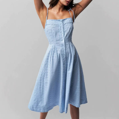 Blue – Embroidered Patchwork Spaghetti Strap Dress