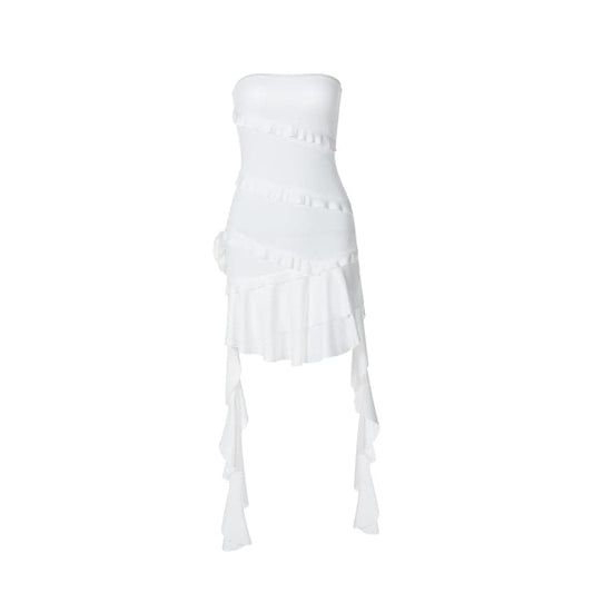 Ruffle flower applique tube mini dress