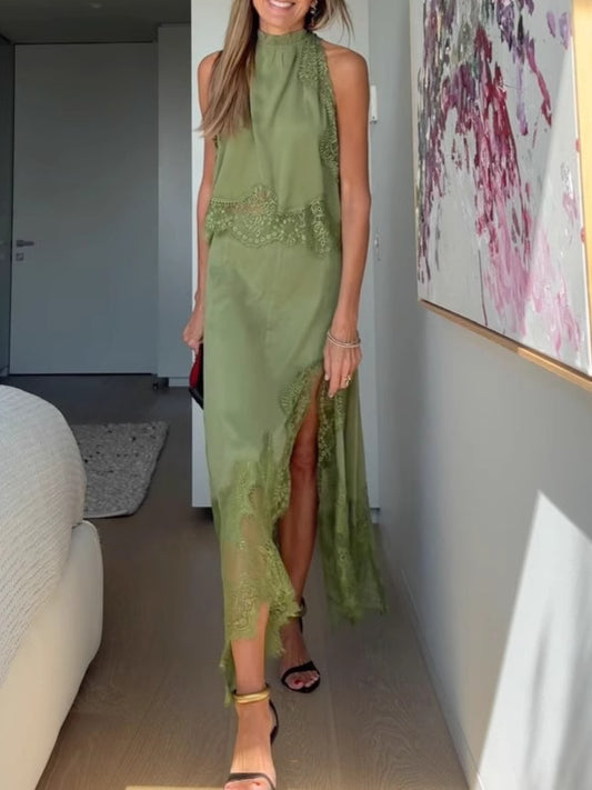 Modern Muse Satin Lace Trim Pleated Neck Top and A-line Irregular Slit Skirt Set