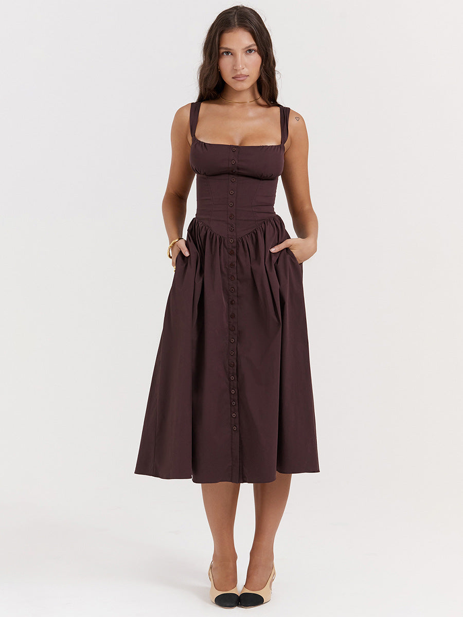 Square Neck Corset Bodice Button Front Pocket Midi Dress