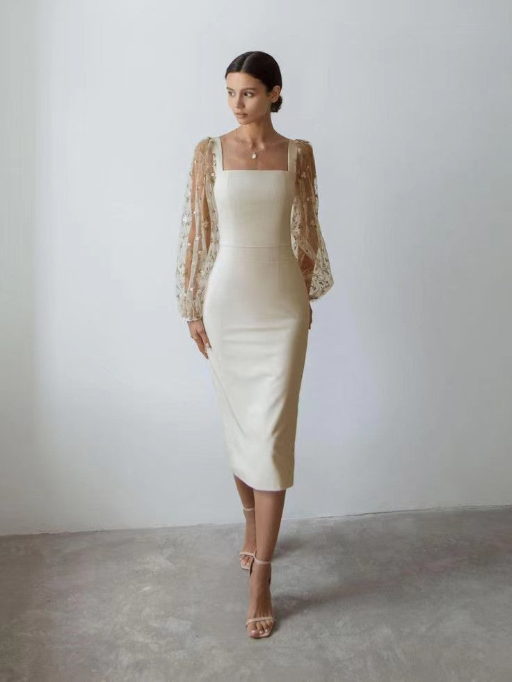 Square Neck Fishnet Embroidery Stitching Hip Dress
