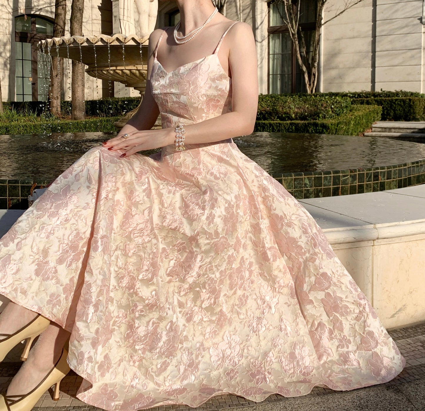 Porcelain Pink Jacquard Princess Dress Vintage Square Neck Slip Dress