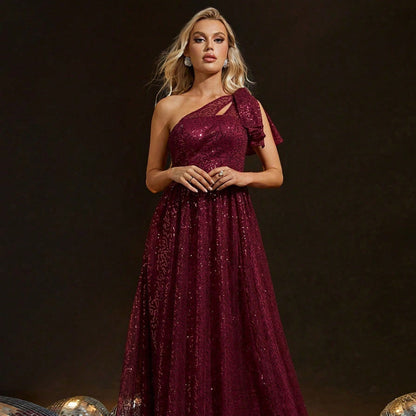 One-Shoulder Ruffle Bow Sequin Lace Maxi Gown